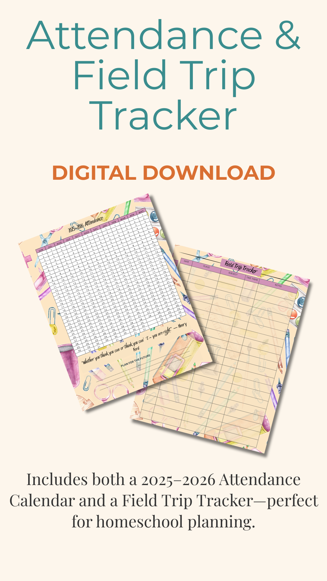 2025–2026 Homeschool Attendance Calendar – “Creative Essentials” Edition (Digital Download)