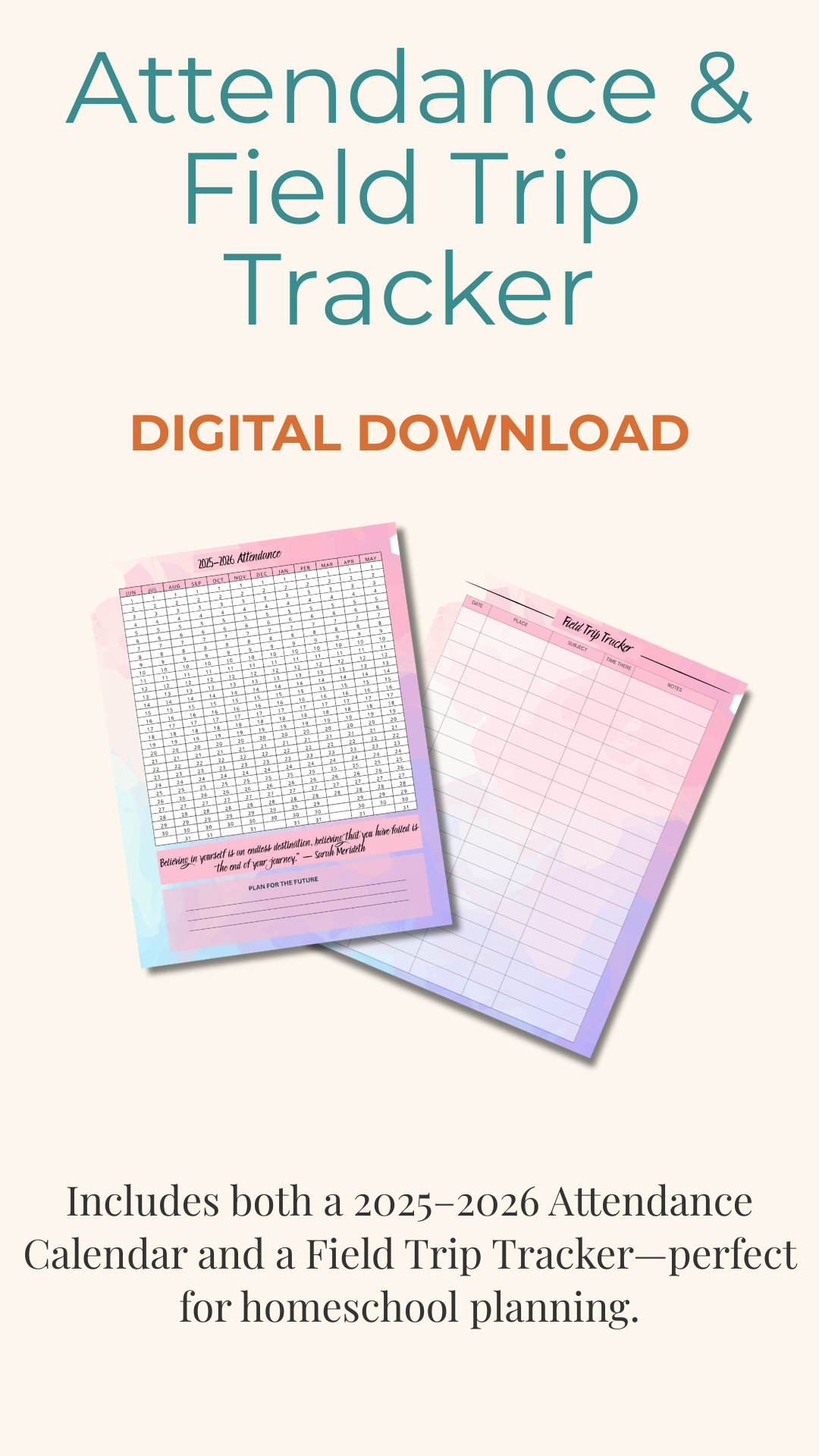 2025–2026 Homeschool Attendance Calendar – “Pink Inspiration” Edition (Digital Download)