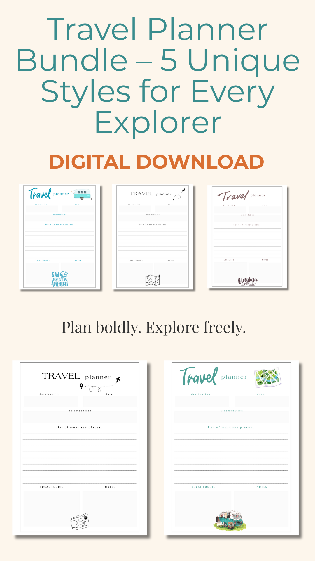 Travel Planner Bundle – 5 Unique Styles for Every Explorer (Digital Download)